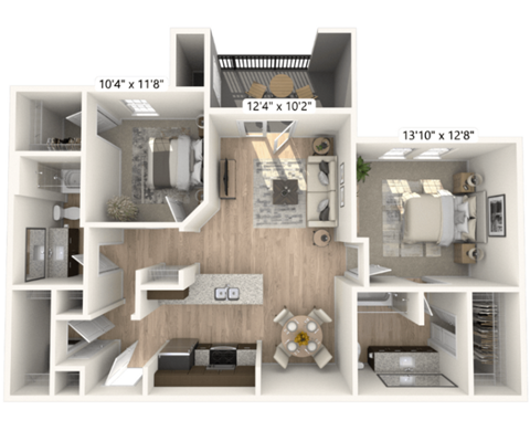 Floor plan for 2 beds, 2 baths, 1000 sqft
